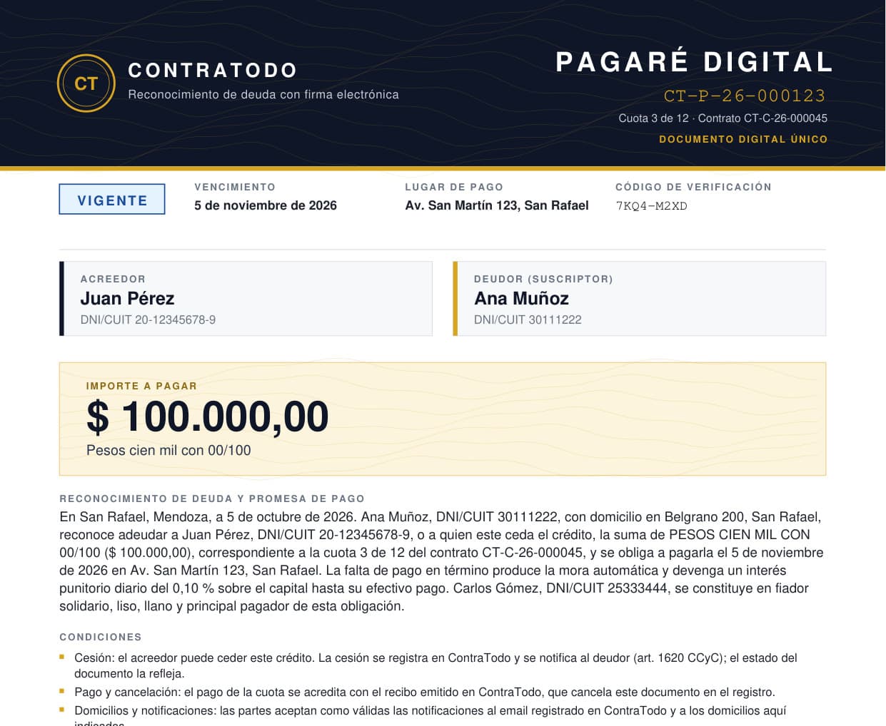 Pagaré digital ContraTodo de muestra, número CT-P-26-000123, importe de $ 100.000