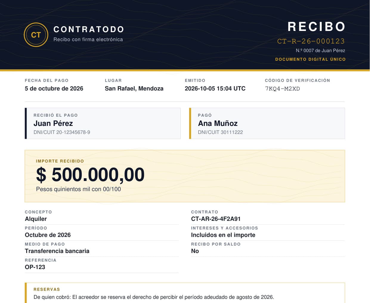 Recibo ContraTodo de muestra, número CT-R-26-000123, importe de $ 500.000